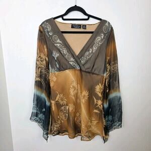 NYC Design Co. Brown Silk Fairy Babydoll Whimsygoth Y2K Long Sleeve Blouse Sz L